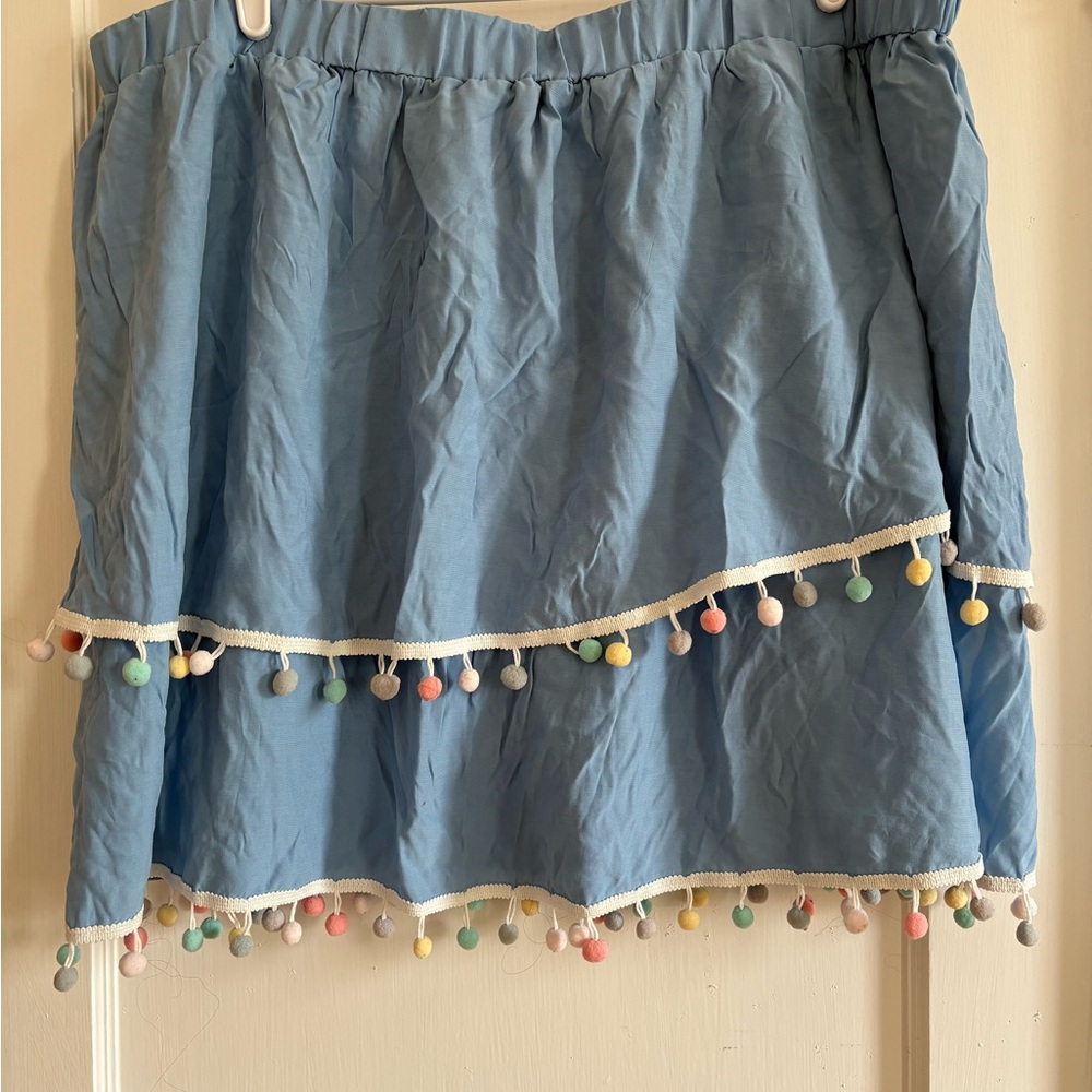 SHEIN Light Blue Tiered Mini Skirt with Pastel Pom-Pom Trim
